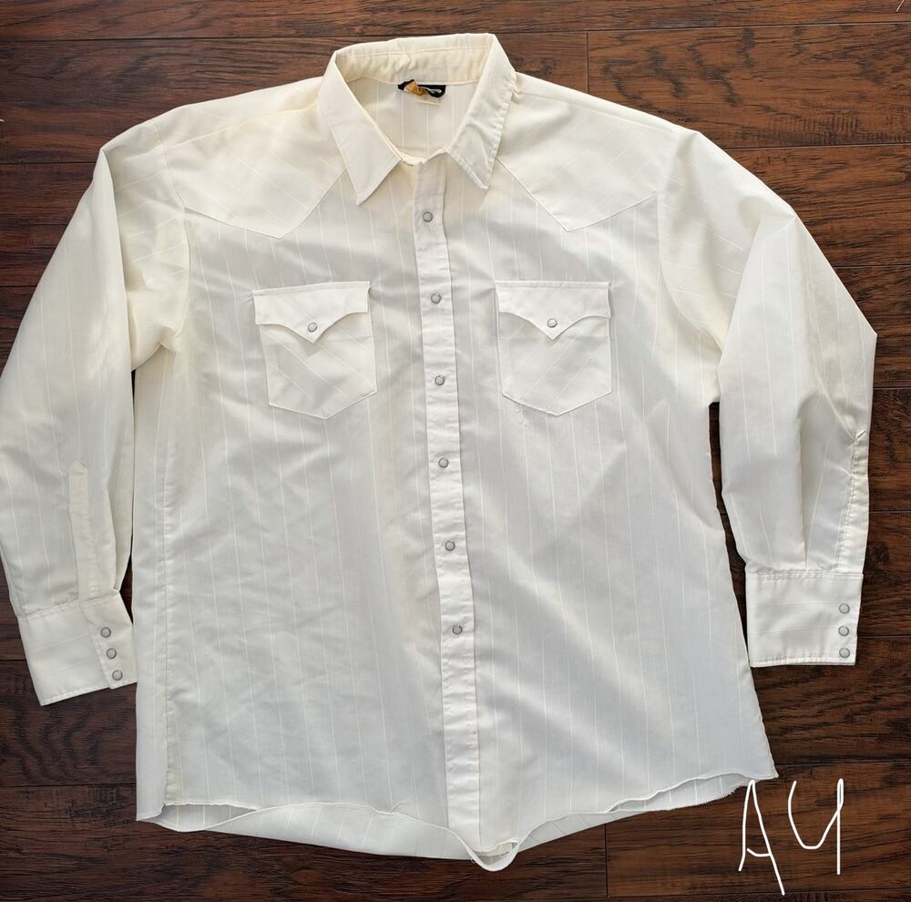 Vintage Holt Western Shirt Men’s XL Pearl Snaps Ivory Pinstriped Long Sleeve USA